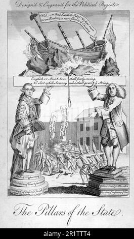 Hexen, der Flug von Bute aus Dover, Ankunft in Calais, 1768. Bute wird beschuldigt, französische Interessen zu fördern. Bute und eine Hexe entfliehen England auf einem Besen, Prinz Charles Edward (der junge Thronprediger); der Teufel als Satyr, Hexe auf einem Besen, historische, digital restaurierte Reproduktion eines Originals aus dem 18. Oder 19. Jahrhundert / Hexen, der Flug von Bute von Dover, die Ankunft in Calais, 1768. Bute wird beschuldigt, die französischen Interessen zu fördern. Bute und eine Hexe entkommen England auf einem Besen, Prinz Charles Edward (der junge Thronanwärter); der Teufel als Satyr, Hex Stockfoto