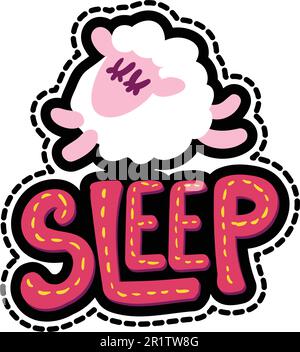 Rahmendarstellung mit Stickerei für Schafe. Schlafschrift flacher Aufkleber. Zeichnung des schlafenden Lammes mit Strichlinie Stock Vektor