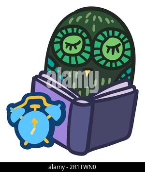 Süße Eulen halten Buch offen. Aufkleber für Schule und Ausbildung. Lustige Eule schläft, während sie Buch liest und lernt. Cartoon-Label für die Schule. Vektordarstellung Stock Vektor