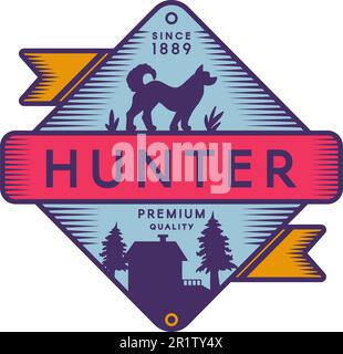 Hunter Camp Retro-Logo-Vorlage in Farbe. Freizeitpark Vintage-Vektorsymbol. Hundesilhouette Stock Vektor