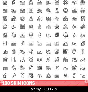 100 Skin-Symbole festgelegt. Umrissdarstellung von 100-Skin-Symbolen, Vektorsatz isoliert auf weißem Hintergrund Stock Vektor