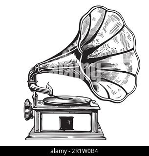 Mit der Hand gemalte Zeichenszene mit dem Grammophon im Retro-Musical in Doodle-Stil Stock Vektor