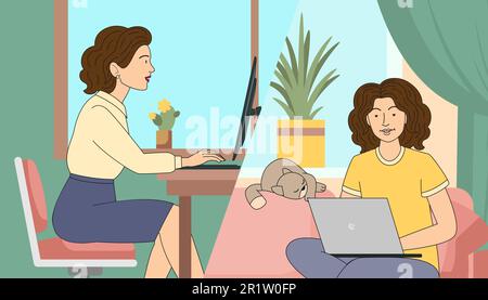 Geschäftsfrau im Hybrid-Job sitzt am Tisch zwischen Büro und Heim gemütliche Umgebung, Vektorgrafik im flachen Cartoon-Stil Stock Vektor