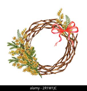 Aquarelle Illustrationen von Frühlingsblumen, Kranzzweigen und rosafarbener Schleife. Wunderschöner runder Rahmen aus Aquarell-Mimosa in Gelb. Blumenvorlage für uns Stockfoto