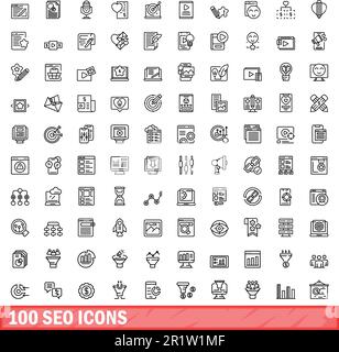 100 seo-Symbole eingestellt. Gliederungsdarstellung von 100 seo-Symbolen, Vektorsatz isoliert auf weißem Hintergrund Stock Vektor