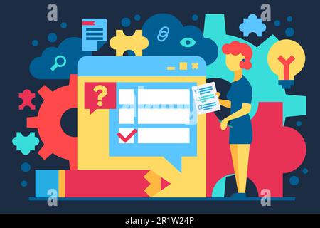 Checktest für die Figur im Internet-Banner. Frau mit Liste neben Fensterbrowser, Stift und Glühbirne, Detail des Puzzles und Dokumentdatei Stock Vektor
