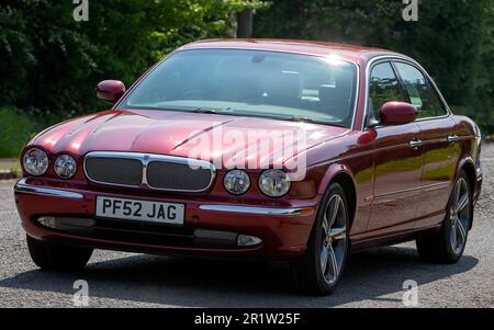 Stoke Goldington, Northants, Großbritannien - Mai 14. 2023,2003 roter JAGUAR XJ V6 Oldtimer, der durch ein englisches Dorf fährt Stockfoto