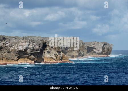 Britisches Überseegebiet, Pitcairn-Inseln, Henderson-Insel. Zerklüftete Küste mit einzigartigem Lebensraum für erhöhte Korallenatoll. UNESCO Stockfoto