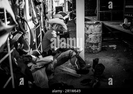 Cowboys, während der Rodeo-Strecke auf der Expo Ganadera de Sonora am 13. Mai 2023 in Hermosillo, Mexiko. Cowboy-Sport, Reiten und Bullenreiten, Strong Circuit in Chihuahua, gefolgt von Sonora und Baja California Mex. Und benachbarte US-Staaten. Rodeo ist ein traditioneller amerikanischer Extremsport, der von der Geschichte spanischer Cowboys und mexikanischer Charros beeinflusst wurde. Reiten ohne Sattel, wilde Ponys, wilde Rinder, Ochsen, Bullen, Lasso werfen, Stierkampf. (© Photo by Luis Gutiérrez /Norte Photo) Vaqueros, durante el circuito de Rodeo en la Expo Ganadera de Sonora, el 13 mayo de 2023 en Hermosillo, Stockfoto