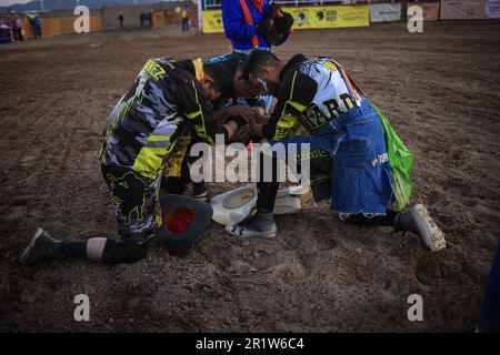 Cowboys, während der Rodeo-Strecke auf der Expo Ganadera de Sonora am 13. Mai 2023 in Hermosillo, Mexiko. Cowboy-Sport, Reiten und Bullenreiten, Strong Circuit in Chihuahua, gefolgt von Sonora und Baja California Mex. Und benachbarte US-Staaten. Rodeo ist ein traditioneller amerikanischer Extremsport, der von der Geschichte spanischer Cowboys und mexikanischer Charros beeinflusst wurde. Reiten ohne Sattel, wilde Ponys, wilde Rinder, Ochsen, Bullen, Lasso werfen, Stierkampf. (© Photo by Luis Gutiérrez /Norte Photo) Vaqueros, durante el circuito de Rodeo en la Expo Ganadera de Sonora, el 13 mayo de 2023 en Hermosillo, Stockfoto