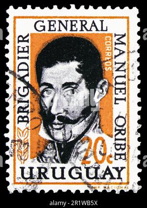 MOSKAU, RUSSLAND - 08. APRIL 2023: In Uruguay gedruckte Briefmarken zeigen Brigadegeneral Manuel Oribe, Serie, ca. 1961 Stockfoto