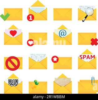 Symbolsatz für Briefumschläge. Legen Sie verschiedene E-Mail-Symbole im flachen Stil fest. Stock Vektor
