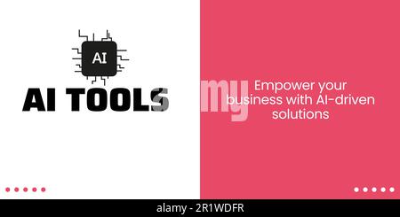 Banner für künstliche Intelligenz auf weißem und rotem Hintergrund. Elegantes AI-Banner mit Schwarzweißtext und Symbol Stock Vektor