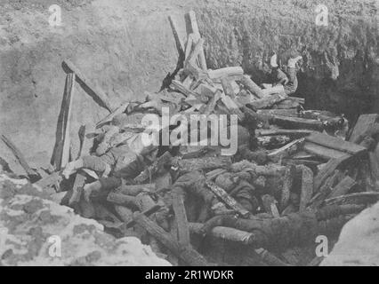 Eine Grube voller Pestleichen und Brennholz zum Verbrennen in Fujiadian (Daowai, China). Foto von 1911. Stockfoto