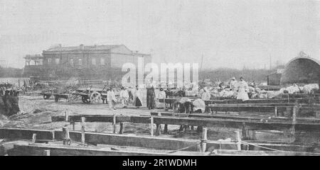 Desinfektion auf dem Markt von Harbin aus der Pest. Foto von 1911. Stockfoto