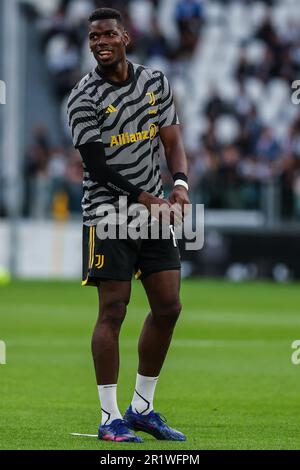 Turin, Italien. 14. Mai 2023. Paul Pogba vom FC Juventus lächelt während des Fußballspiels der Serie A 2022/23 zwischen dem FC Juventus und der US Cremonese im Allianz Stadium in Turin. Kredit: SOPA Images Limited/Alamy Live News Stockfoto