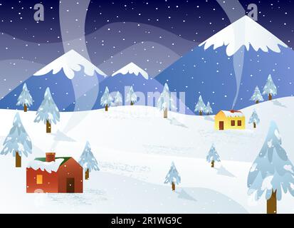 Winterlandschaft. Dorfhäuser vor dem Hintergrund von Bergen, Schnee, Bäumen. Schneetag. Rauch aus dem Kamin. Abbildung eines flachen Vektors. Stock Vektor