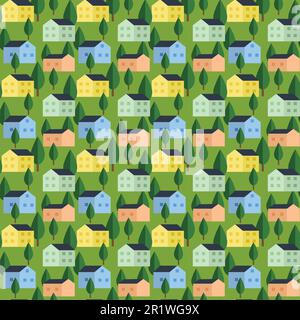 Muster mit urbaner Landschaft. Farbenfrohe Häuser und grüne Bäume. Abbildung eines flachen Vektors. Stock Vektor