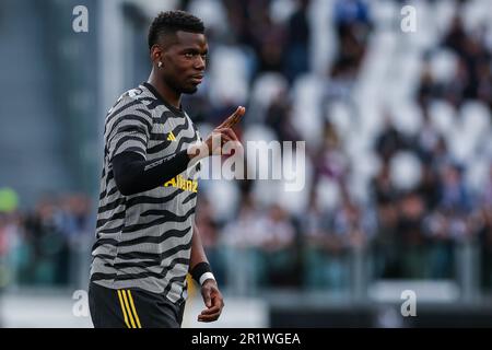 Turin, Italien. 14. Mai 2023. Paul Pogba vom FC Juventus Gesten während des Fußballspiels der Serie A 2022/23 zwischen dem FC Juventus und der US Cremonese im Allianz Stadium in Turin. (Foto: Fabrizio Carabelli/SOPA Images/Sipa USA) Guthaben: SIPA USA/Alamy Live News Stockfoto