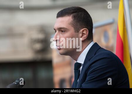 Marignane, Frankreich. 12. Mai 2023. Jordan Bardella, Präsident der Nationalversammlung (RN), spricht während der Zeremonie. Der französische Politiker und Präsident der Nationalpartei Rassamblement Jordan Bardella eröffnet das Amt des 2022 in Marignane, Frankreich, gewählten Stellvertreters seiner Partei Franck Allisio. Kredit: SOPA Images Limited/Alamy Live News Stockfoto