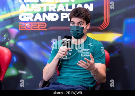 Melbourne, Australien, 8. April 2022. Lance Walk (18) von Kanada und Aston Martin Aramco Cognizant F1 Team während der Pressekonferenz beim australischen Formel 1 Grand Prix im Albert Park am 08. April 2022 in Melbourne, Australien. Kredit: Steven Markham/Speed Media/Alamy Live News Stockfoto