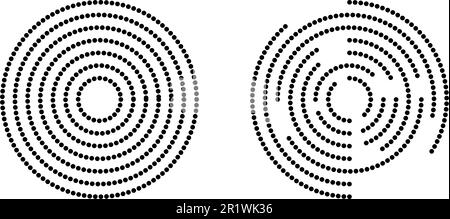 Kreisförmige Welligkeit. Konzentrische Kreise mit ganzen und unterbrochenen Punktlinien auf weißem Hintergrund. Vortex, Sonar und Schallwelle Stock Vektor