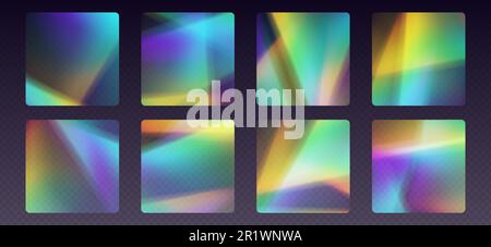 Aufkleber mit Kristalllichtbrechung, Lichtreflexionen, Regenbogensonneneffekt, holographische Reflexionen in abgerundeter Rechteckform. Stock Vektor