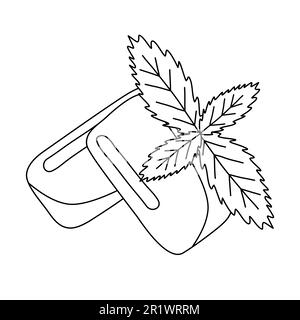 Kaugummi-Pads mit Minzgeschmack und frischen Minzblättern, flache Vektorgrafik im Kritzelstil für ein Malbuch für Kinder Stock Vektor