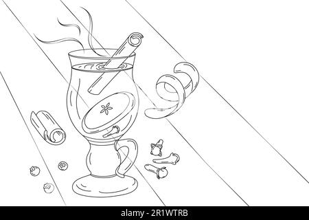 Freihandzeichnung eines Glasbechers mit Glühwein, Zimtstäbchen, Nelken und Apfelscheiben. Isolieren. Design für Poster, Banner, Broschüren oder Beschriftungen, Karten, Webseiten oder Etiketten. Werbung. Vektor. EPS Stock Vektor