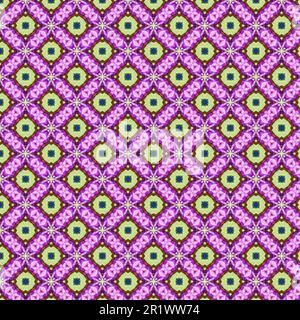 Gemaltes, nahtloses Muster mit geometrischen und organischen Motiven, Sommerelementen im Frühling, abstrakter Hintergrund in Pink-Lila-Grün. Stockfoto