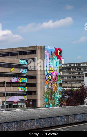 Farbenfrohes Wandgemälde an der Fassade des Frobisher House/Nelson Gate im Stadtzentrum von Southampton, Hampshire, England, Großbritannien Stockfoto