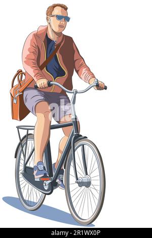 Ein junger Typ mit Brille und einer Aktentasche über der Schulter fährt Fahrrad. Vektordarstellung. Stock Vektor
