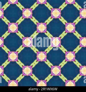 Geometrisches, nahtloses Muster mit sich wiederholenden Gittermotiven auf blauem, grünem, pinkfarbenem, violettem und goldenem abstraktem Hintergrund. Stockfoto