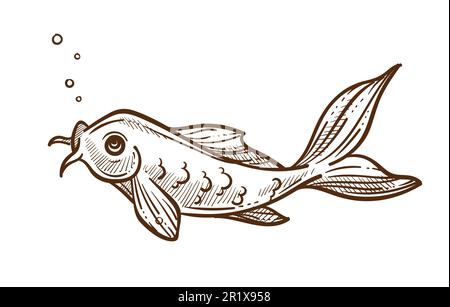 Fische atmen Blasen aus, Wels oder Schelfische isolierte Skizze Stock Vektor