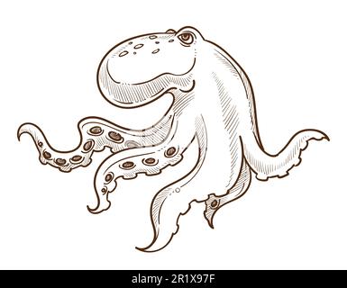 Unterwassertier, oktopus isolierte Skizze, Meereskreatur Stock Vektor