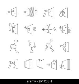 Symbole für isolierte Umrisse von Komponenten und Eigenschaften von Glasmaterialien Stock Vektor