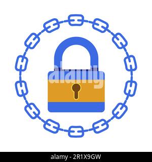 Blockchain-System, Bitcoin oder Kryptowährung, Schloss- und Kettensymbol Stock Vektor