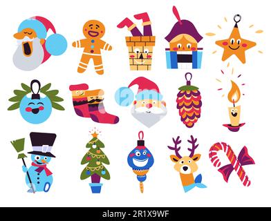 weihnachtsmann und Schneemann, Rentier und Weihnachtsbaum, Weihnachtssymbole Stock Vektor