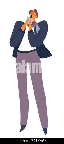 Erkältung oder Grippe, Mann niest mit Taschentuch in der Hand, isolierter Charakter Stock Vektor