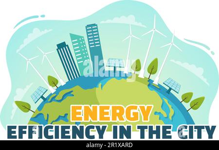 Illustration der Energieeffizienz in der Stadt mit nachhaltiger Umwelt für Elektrizität, generiert aus Sonne und Wind in handgezeichneten Vorlagen Stock Vektor