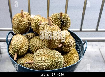 Ein Korb Durianer. Stockfoto