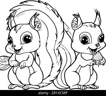 Zwei niedliche Eichhörnchen-Malseiten für Kinder Stock Vektor