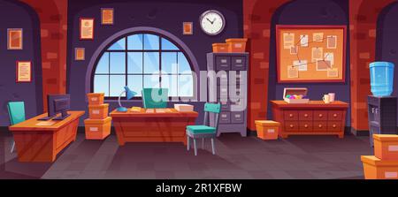 Innenraum des Polizeidetektivbüros mit Möbeln. Vektorgrafik eines Raumes mit Pinnwand zur Untersuchung, Kisten mit Beweismaterial, Computern auf Schreibtischen, Stühlen, Donuts auf dem Tisch Stock Vektor