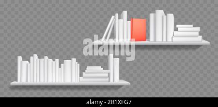 Weißes, leeres 3D-Buchregal-Cover-Bibliotheksmodell. Realistisches Vektorwandmodell für Bücherregale isoliert auf transparentem Hintergrund. Präsentation im Büro oder Geschäft mit Vorlage für Serien- oder Schulungsliteratur Stock Vektor