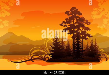 Landschaft, Bäume und Berge Silhouetten und abstrakte Muster. Vektor Stock Vektor