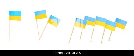 Zahnstocher mit ukrainischen Flaggen auf weißem Hintergrund. Bannerdesign Stockfoto