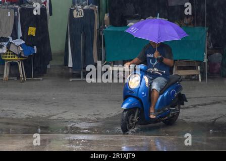 SAMUT PRAKAN, THAILAND, MAI 10 2023, Ein Motorradfahrer fährt ein Motorrad mit Schirm in einer Hand Stockfoto