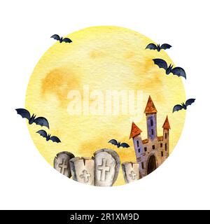 Aquarelle Zusammensetzung des halloween-Themas mit Mond, Turm, Grabstein, Beerdigung und Fledermäusen auf Aquarellhintergrund, handgezeichneter Eckrahmen, rund Stockfoto