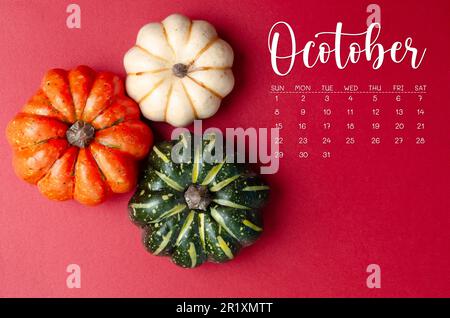 Oktober 2023 Kalender und Kürbisse auf rotem Papphintergrund. Stockfoto