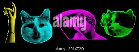 Collage-Designelemente im trendigen Pop-Art-Stil mit Punktmuster. Retro-Halbtoneffekt. Statue, Hand, Katze, Blume. Vektordarstellung mit klassischem Grunge-Punk Stock Vektor